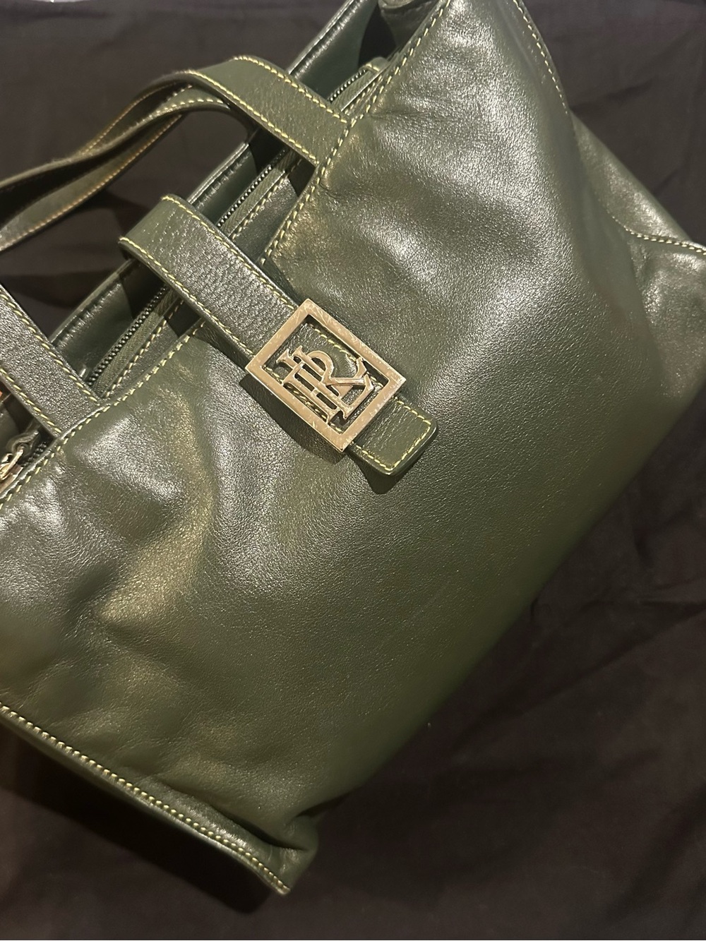 Ralph Lauren Olive Green Leather Shoulder Tote with Logo Plaque